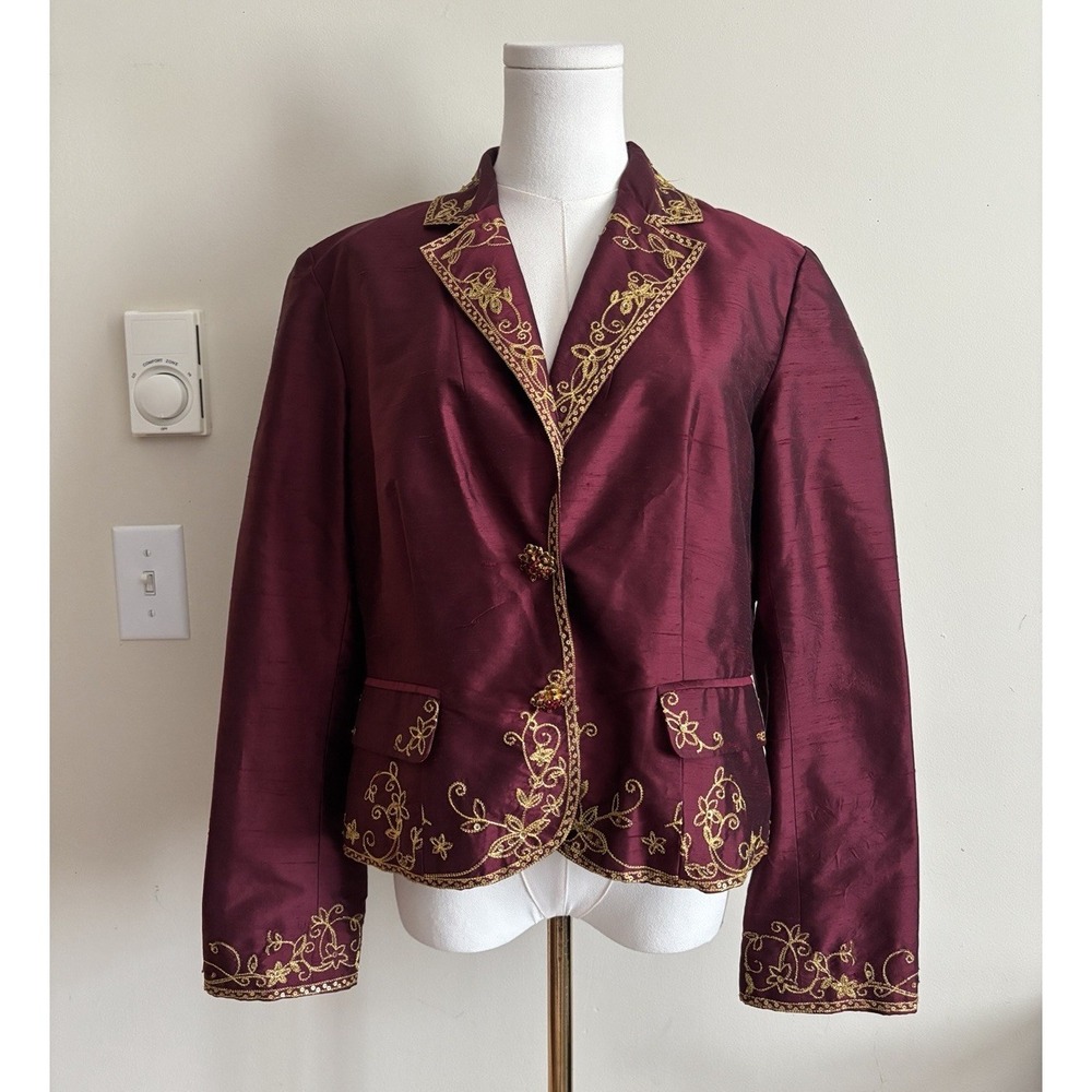 Y2K 100% Silk Embroidered Jacket Womens Large Burgundy Gold Party Cocktail